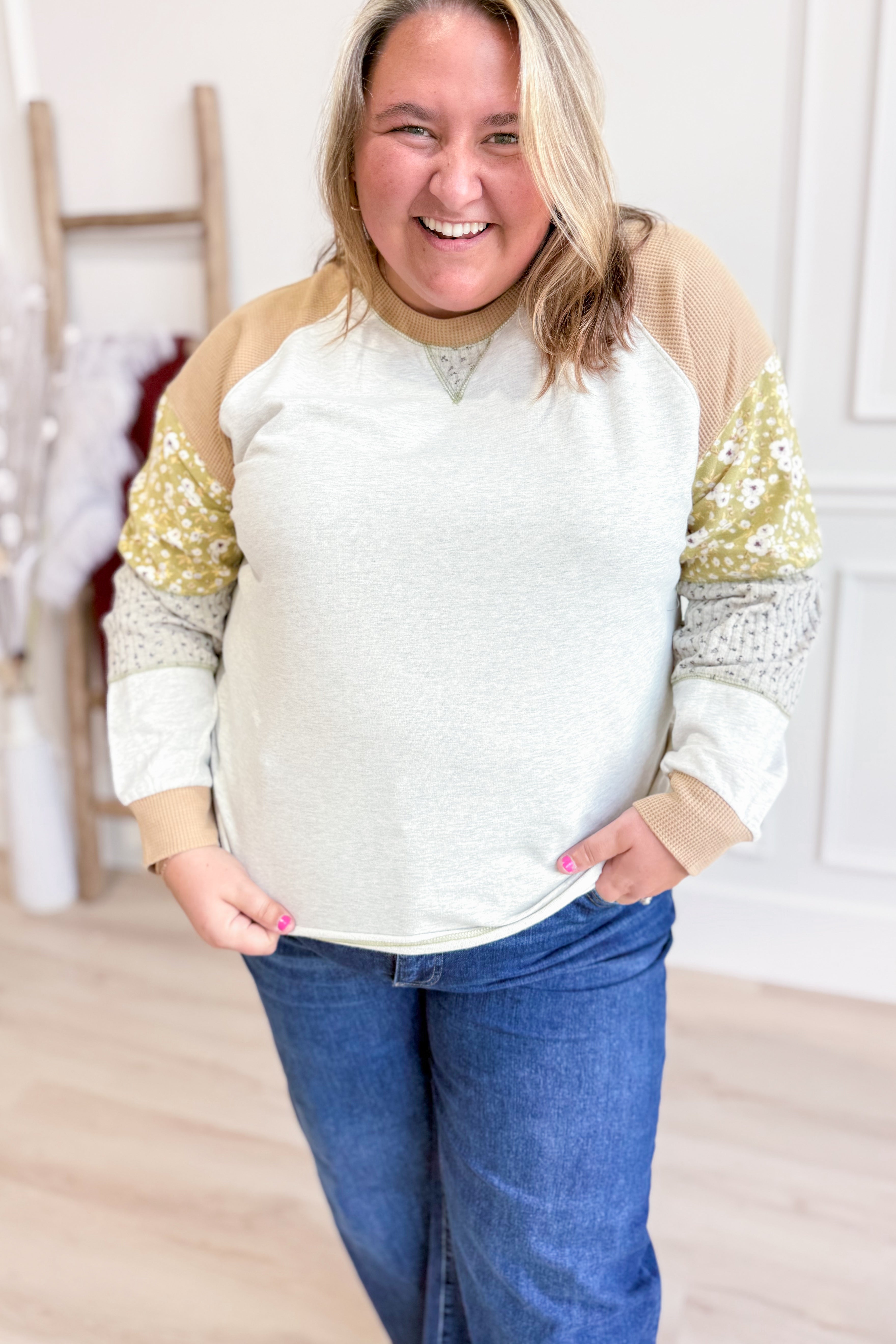 Emily Multi Patchwork Sleeve Pullover Top - Be You Boutique