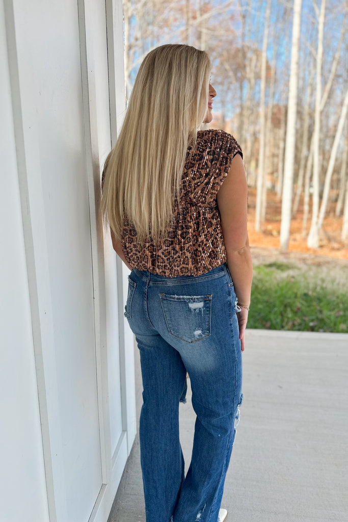 Jayce Sequin Animal Print Surplice Wrap Bodysuit - Be You Boutique