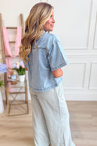 WISHLIST Oscar collared denim button-up top featuring a classic collar and button front, casual style, in a medium blue denim fabric.