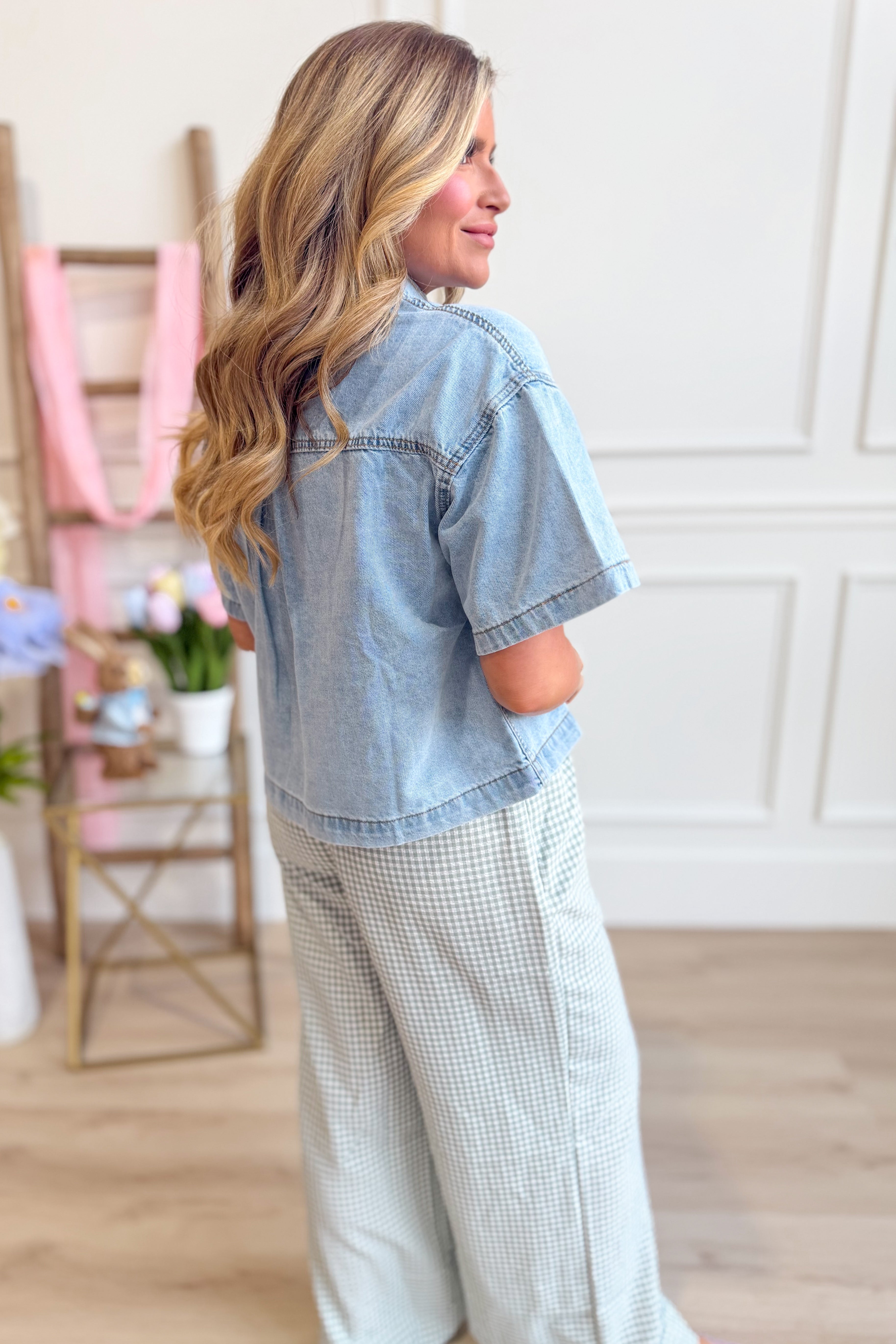 WISHLIST Oscar collared denim button-up top featuring a classic collar and button front, casual style, in a medium blue denim fabric.