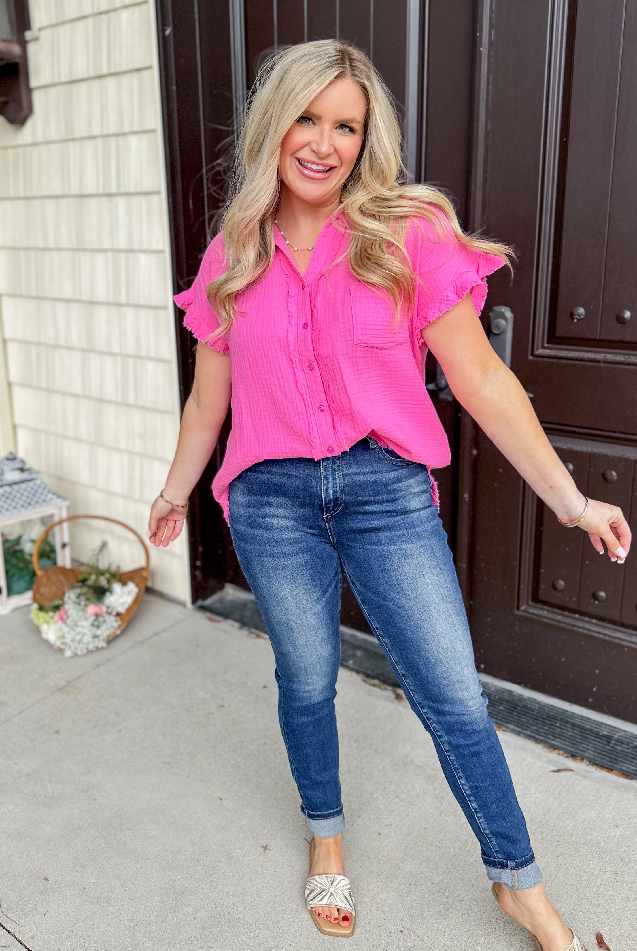 Jennifer Short Sleeve Collared Button Up Top - Be You Boutique