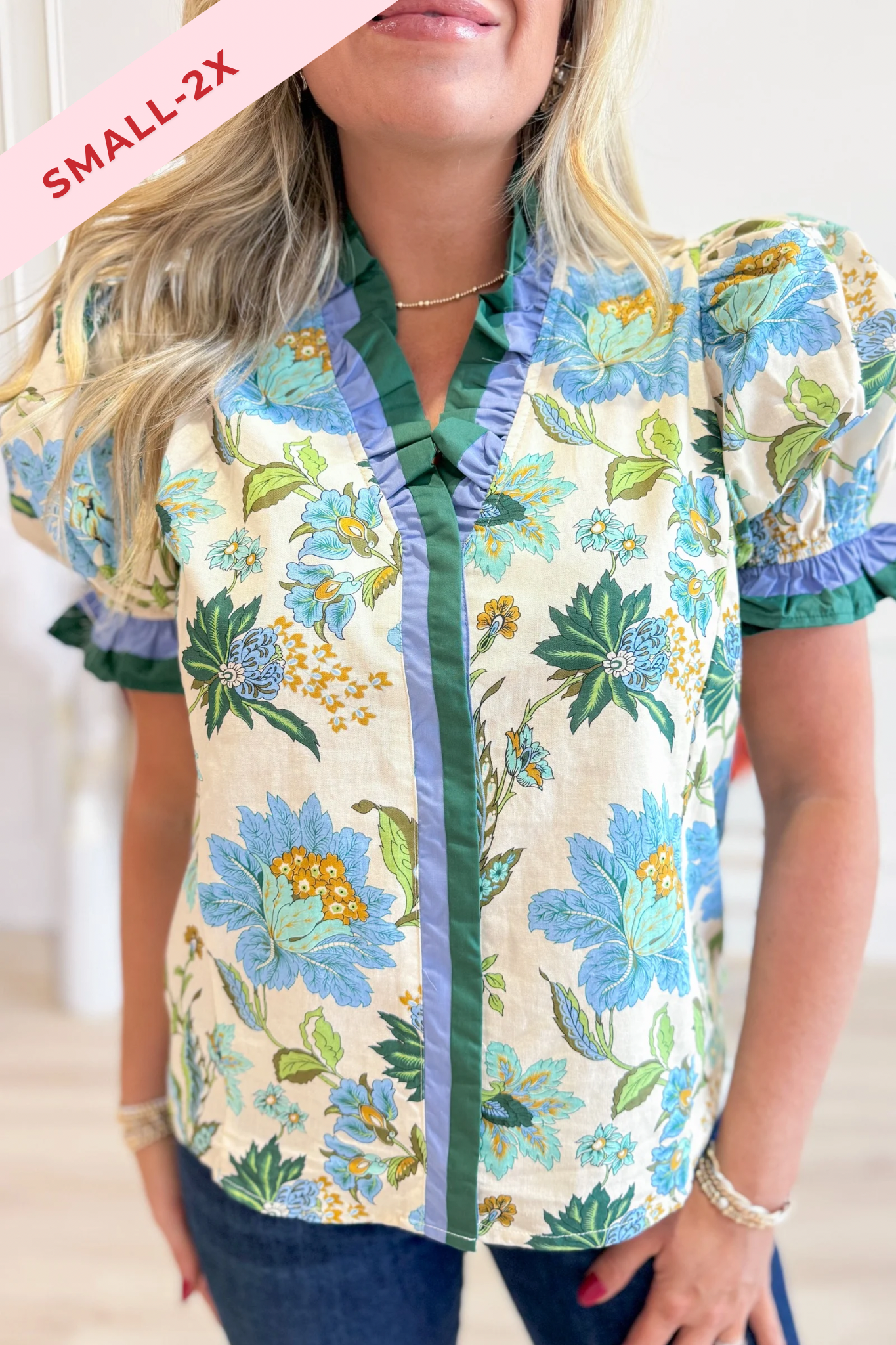 Gwen Multi Floral Ruffle Trim Top - Be You Boutique