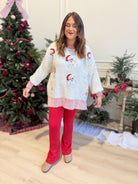 PEACH LOVE Campbell Santa sequins embroidered ribbed sweater in festive red with textured knit design