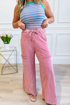 EASEL Bradley Mineral Washed Terry Knit Wide Leg Pants in neutral tone, featuring a relaxed fit and wide-leg silhouette.