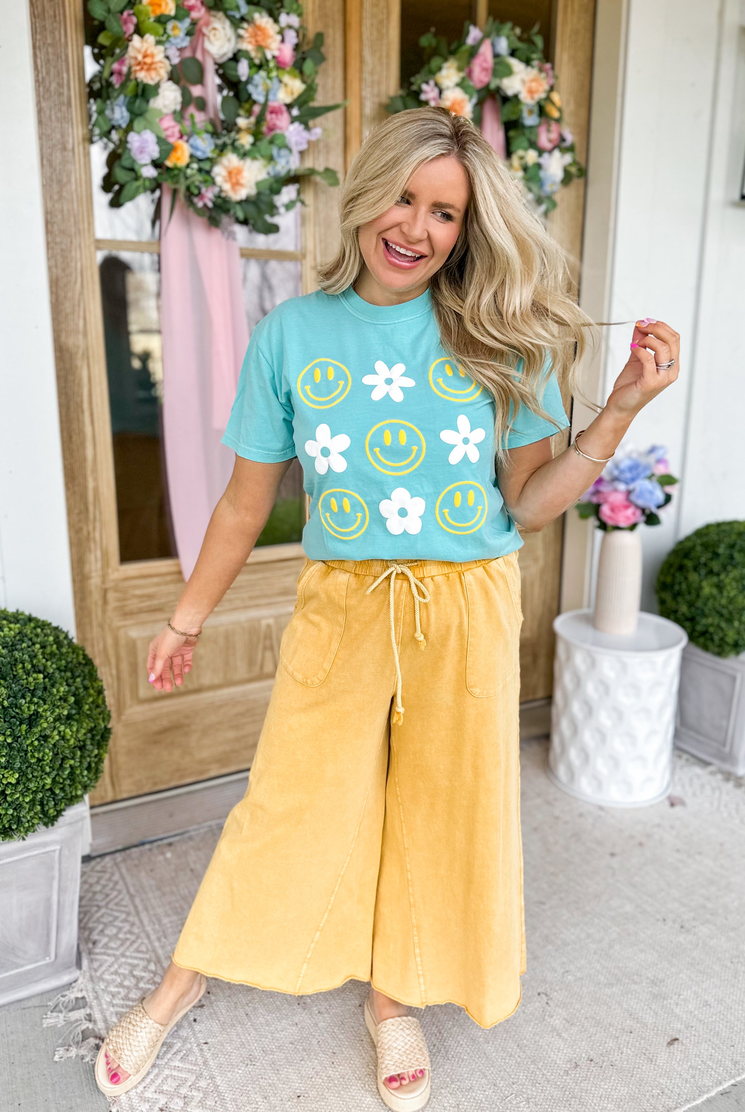 Happy and Flower Check Short Sleeve Graphic Tee - Be You Boutique