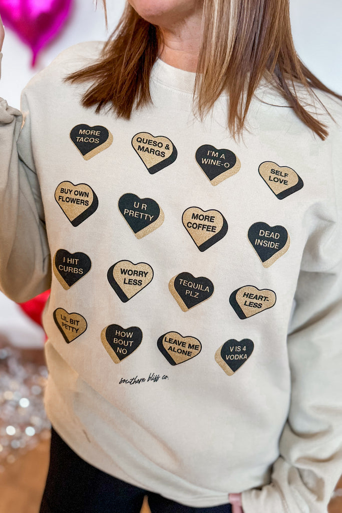 Valentines Glitter Candy Hearts Long Sleeve Graphic Sweatshirt - Be You Boutique