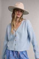 Wishlist Mallory V-Neck Sweater Cardigan, 132 Fall Sweaters, soft knit, in a neutral color, displayed on a hanger.