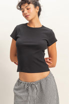 HYFVE Courtney Basic Ribbed Short Sleeve Top in neutral color, fitted ribbed fabric, round neckline, casual stylish design.