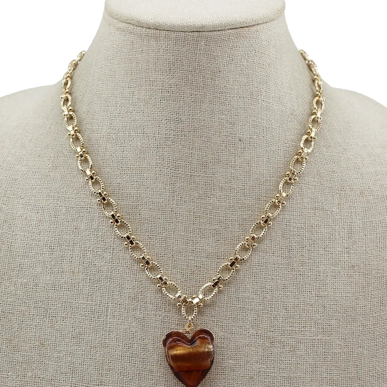 Gold Chain Necklace w/ Brown Acrylic Heart Charm - Be You Boutique