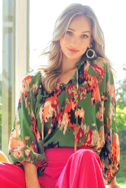 Bethany Tie Front Floral Print Satin Top Blouse - Be You Boutique