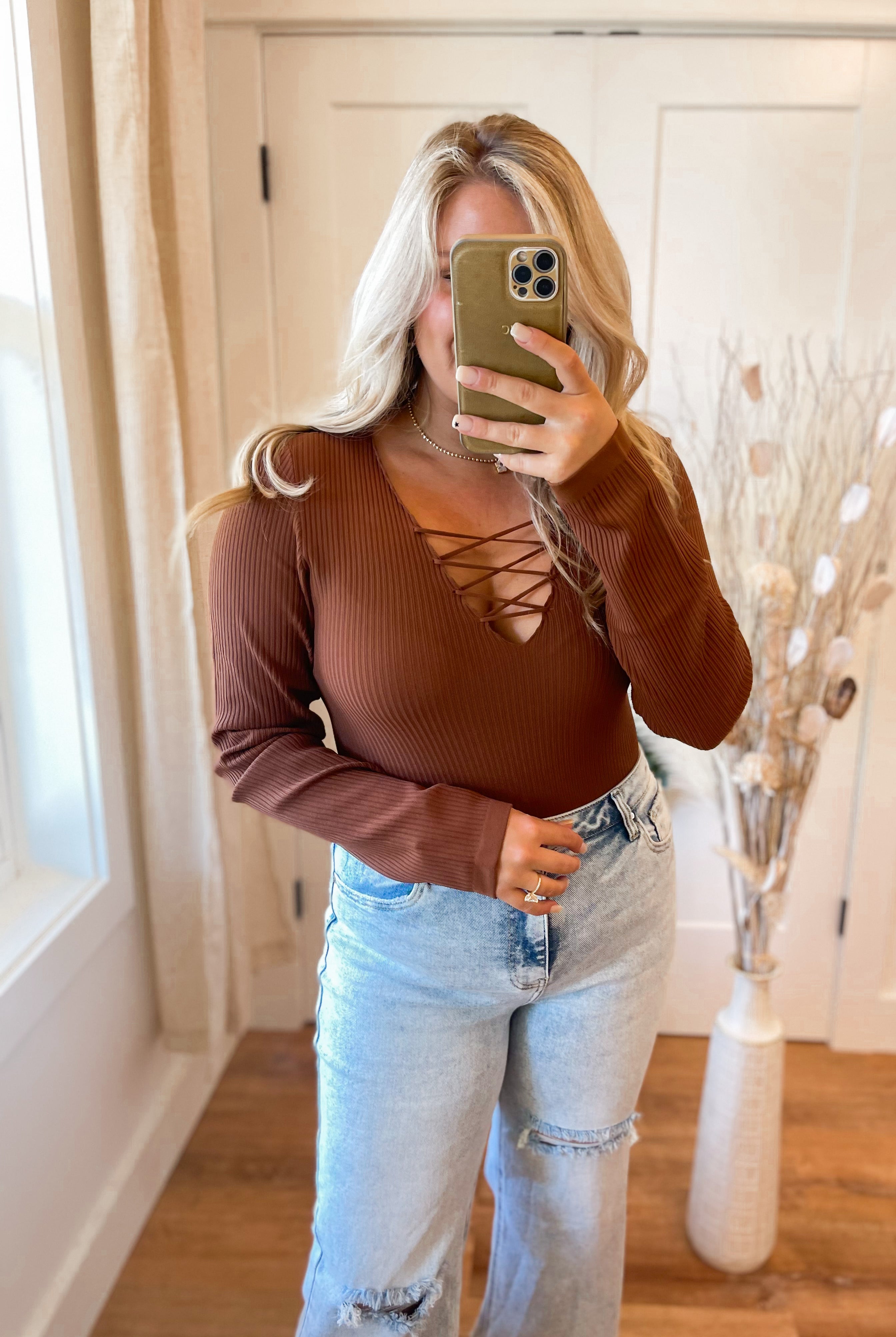 Kayce Ribbed Lace-up Long Sleeve Bodysuit Sweater - Be You Boutique