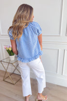 LE LIS Monica short puff sleeve gingham top, casual 105 top, featuring a stylish checkered pattern and puffed sleeve design.