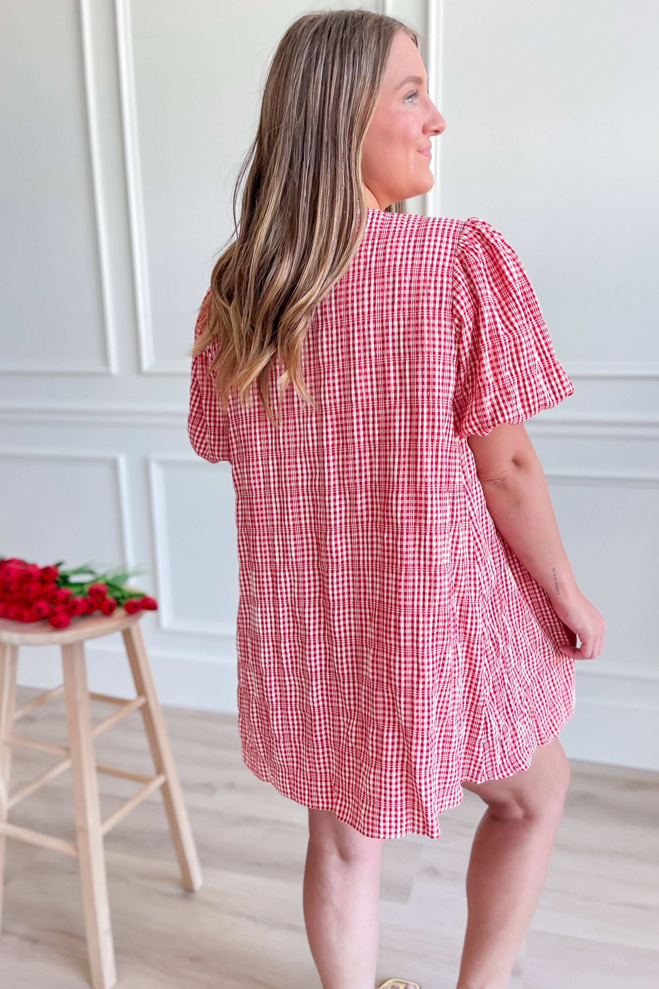Carlie Plaid Printed Puff Sleeve Dress - Be You Boutique