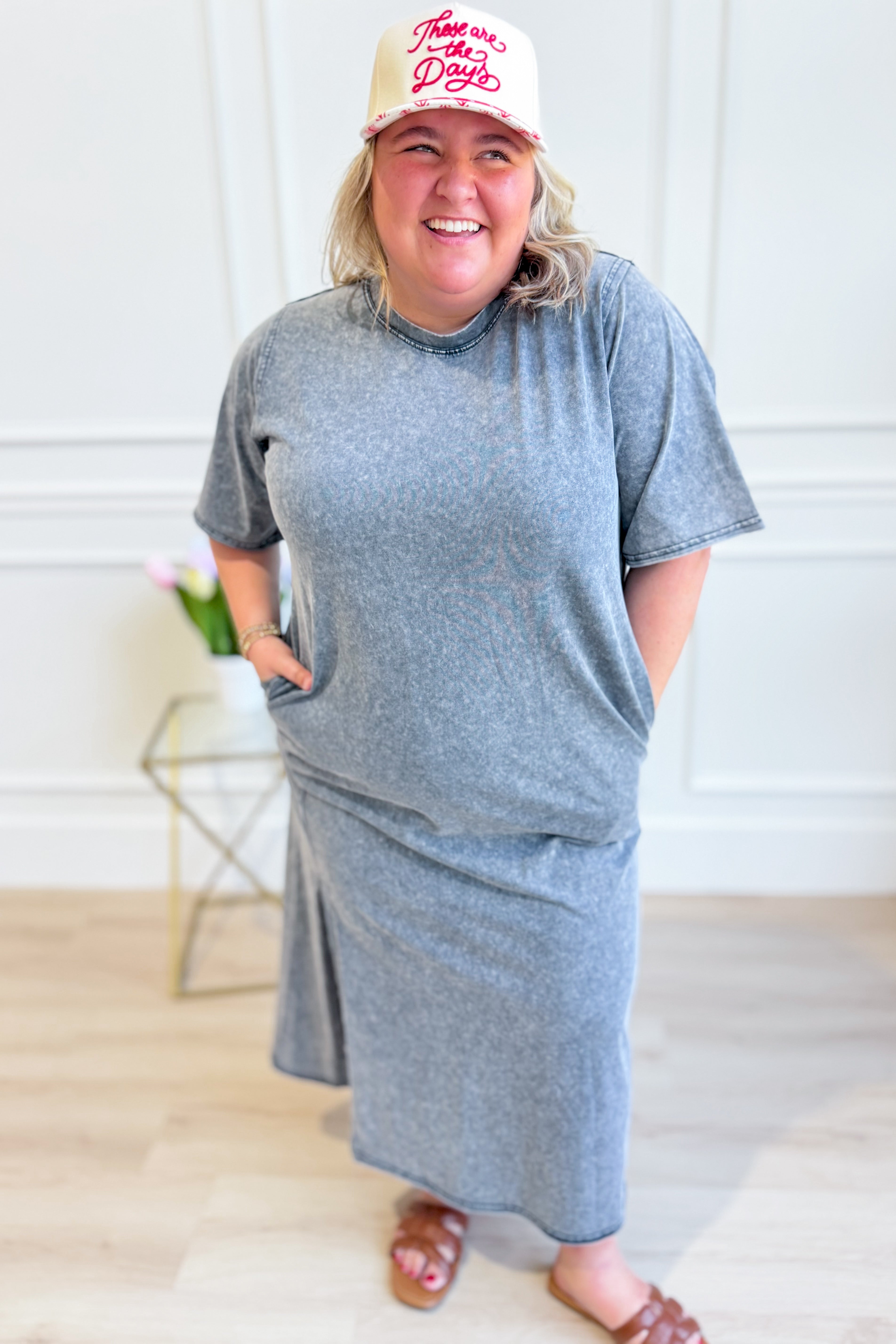 EASEL Casey Mineral Wash Terry Midi Dress, casual dress with a relaxed fit, featuring a soft mineral wash fabric and midi length.