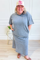 EASEL Casey Mineral Wash Terry Midi Dress with relaxed fit, soft terry fabric, and casual style, shown on a model.