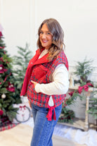 PEACH LOVE Richard quilted plaid holiday vest with button front and festive pattern