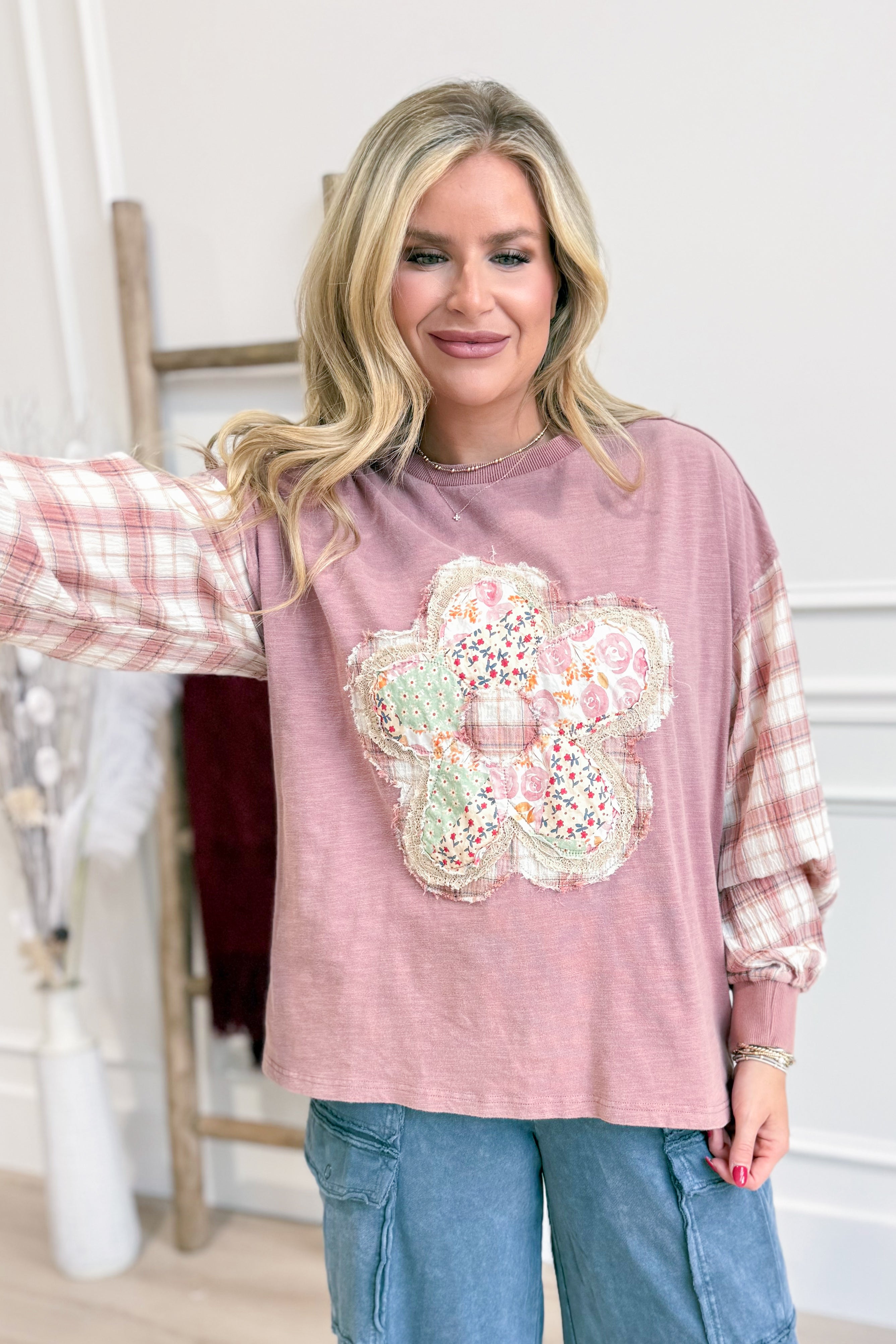 Sonya Plaid Sleeve Flower Patch Top - Be You Boutique