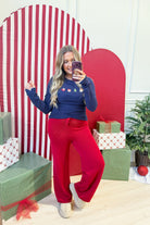 SUNDAY EDITION Rudy Christmas embroidered ribbed casual top in soft red fabric