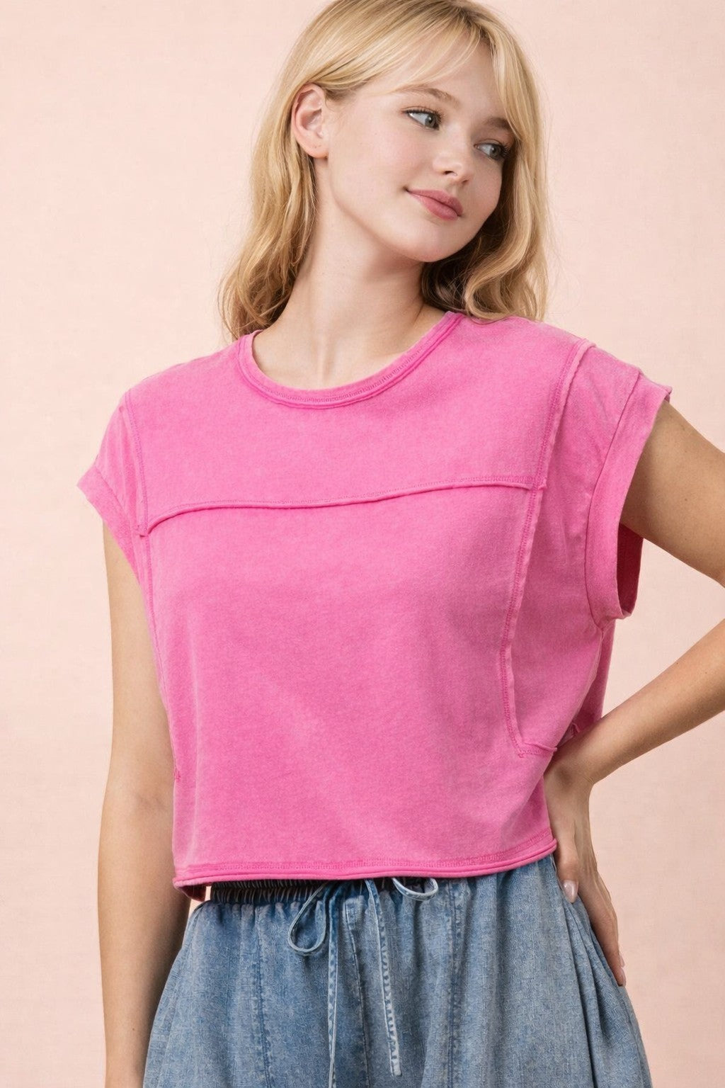 Pink mineral washed sleeveless top from VERY J's 105 Casual Tops collection, featuring a relaxed fit and casual style.