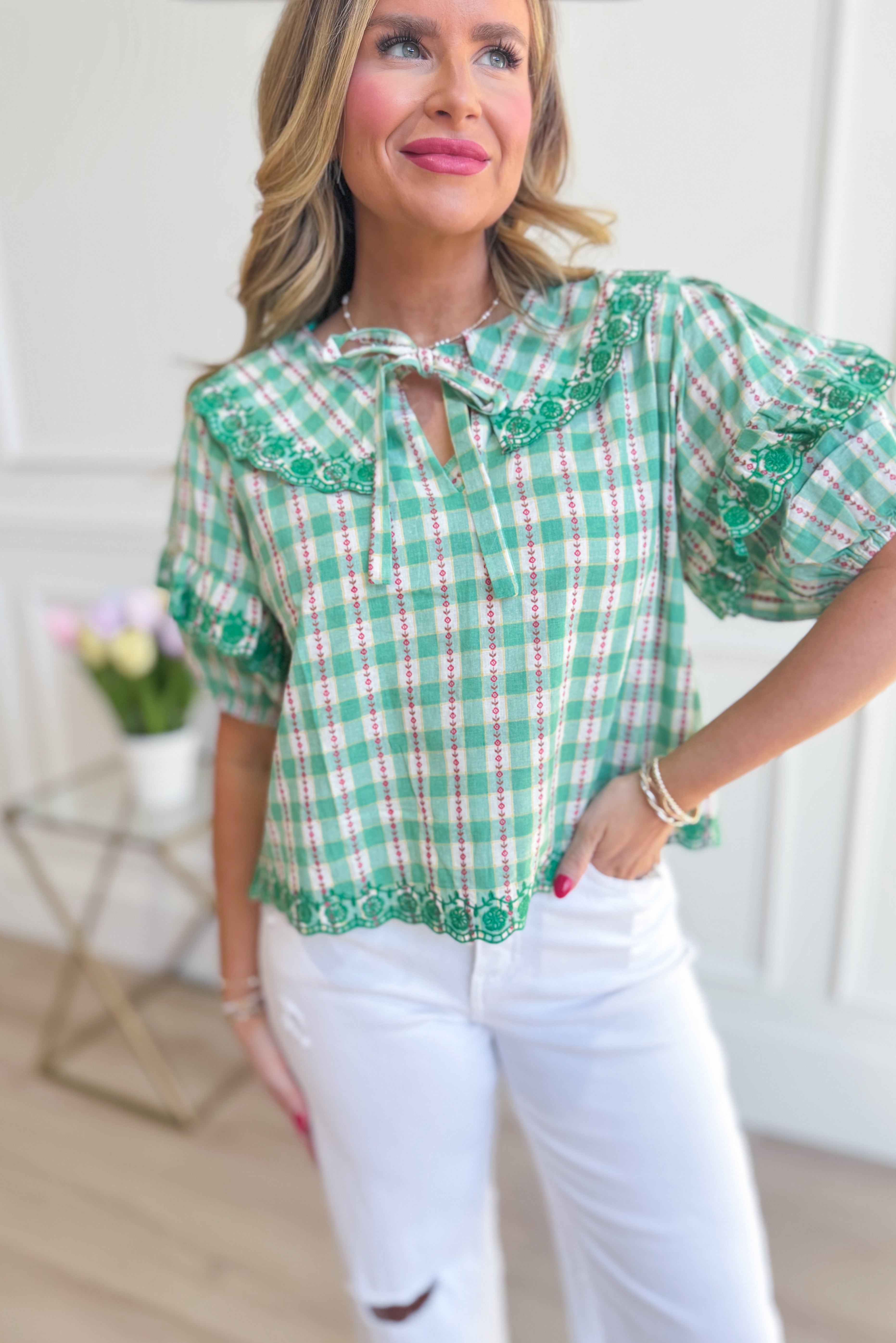 Lucy floral gingham embroidered collar top from &MERCI, a stylish dressy blouse with floral pattern and embroidered details.