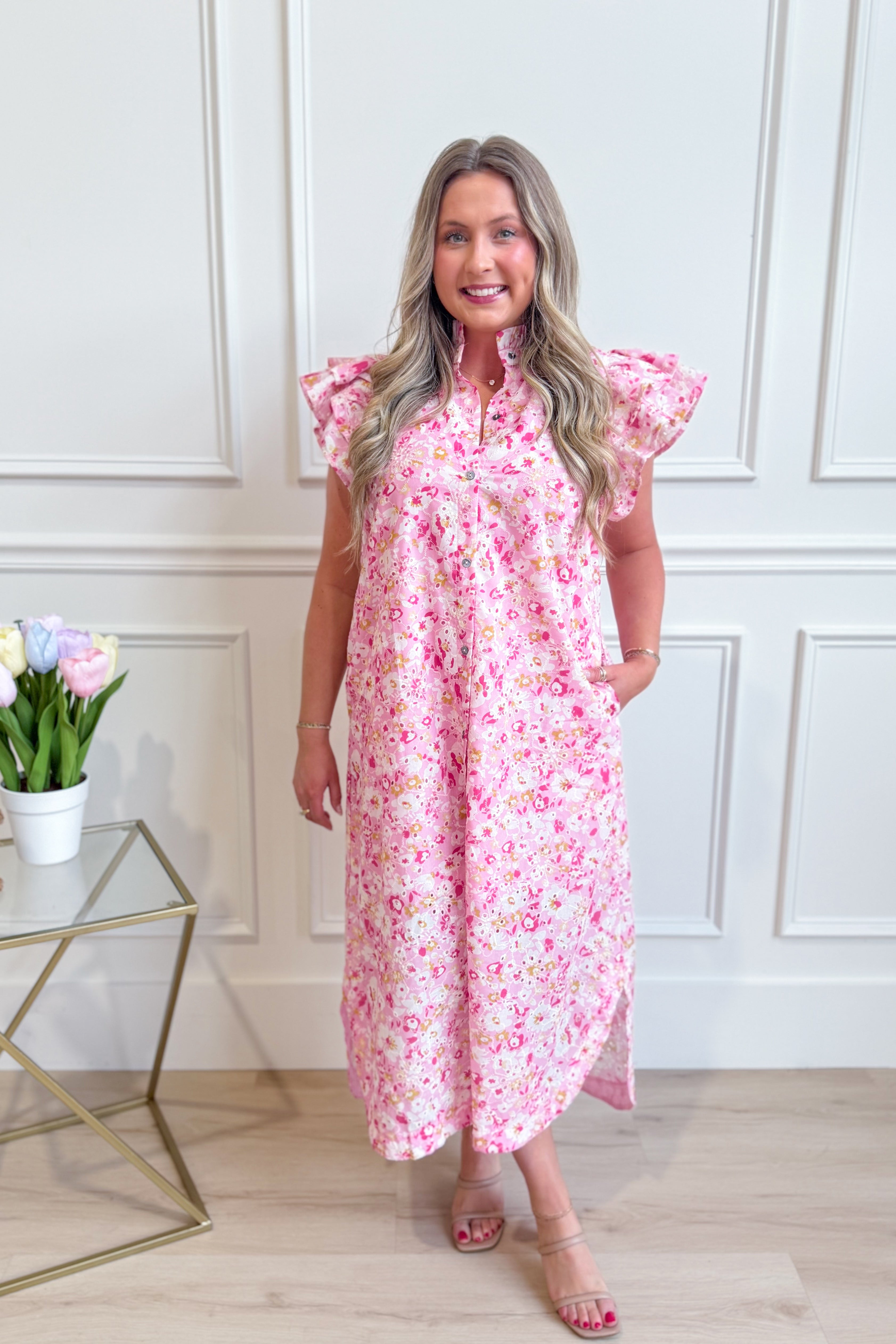 ENTRO Aubrey pink floral flutter sleeve dress, elegant 125 dressy dress with feminine floral pattern and flowy sleeves.