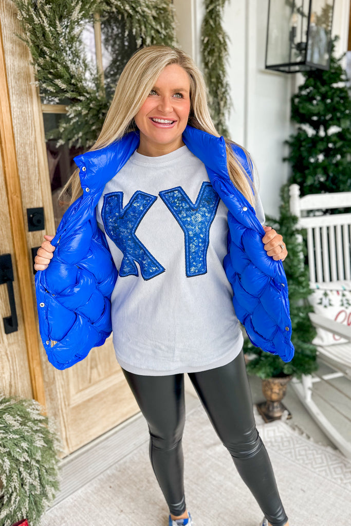KY Faux Sequin Long Sleeve Corded Crew Sweatshirt - Be You Boutique
