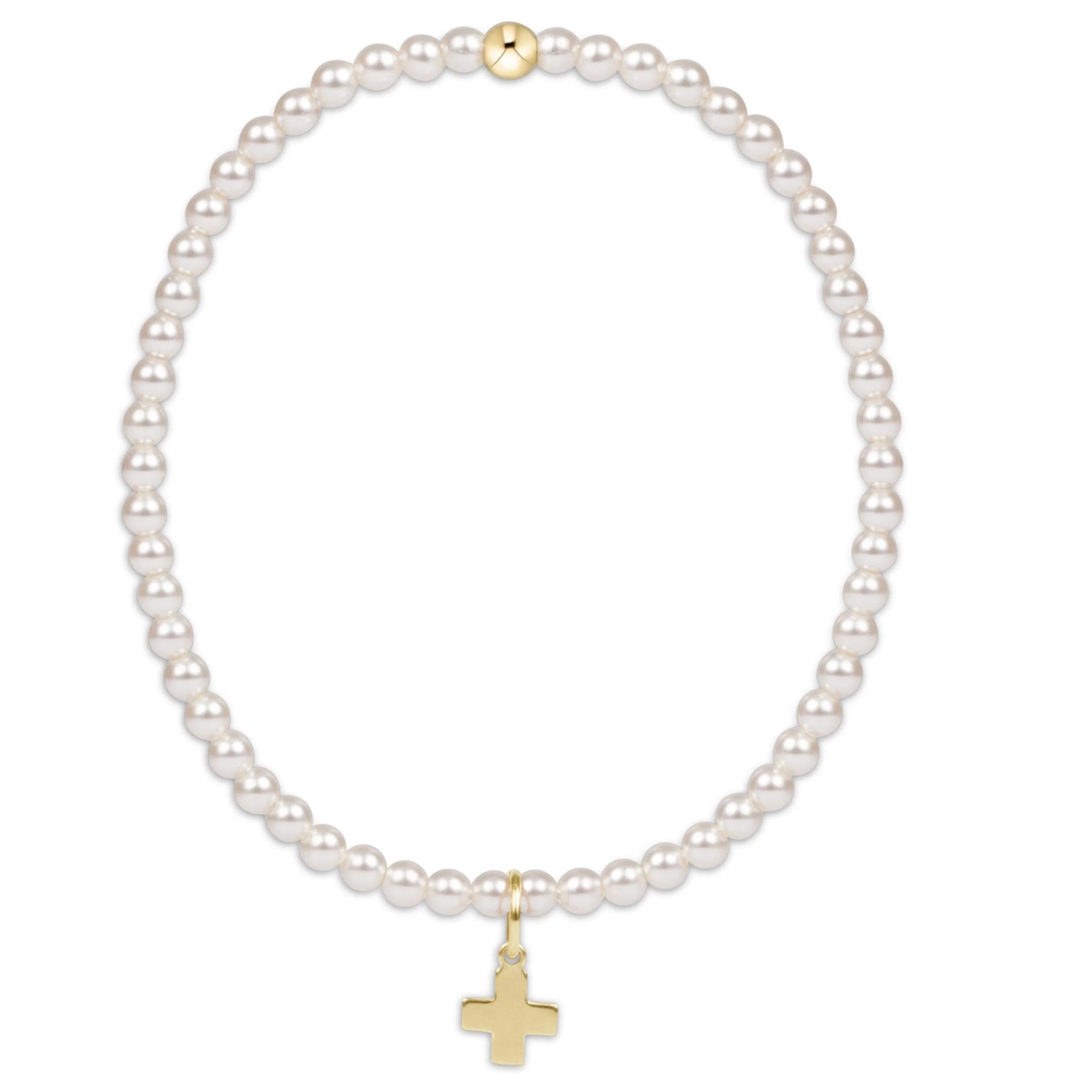 Enewton 3mm classic pearl and gold charm bracelet featuring a signature cross design, elegant jewelry for special occasions.
