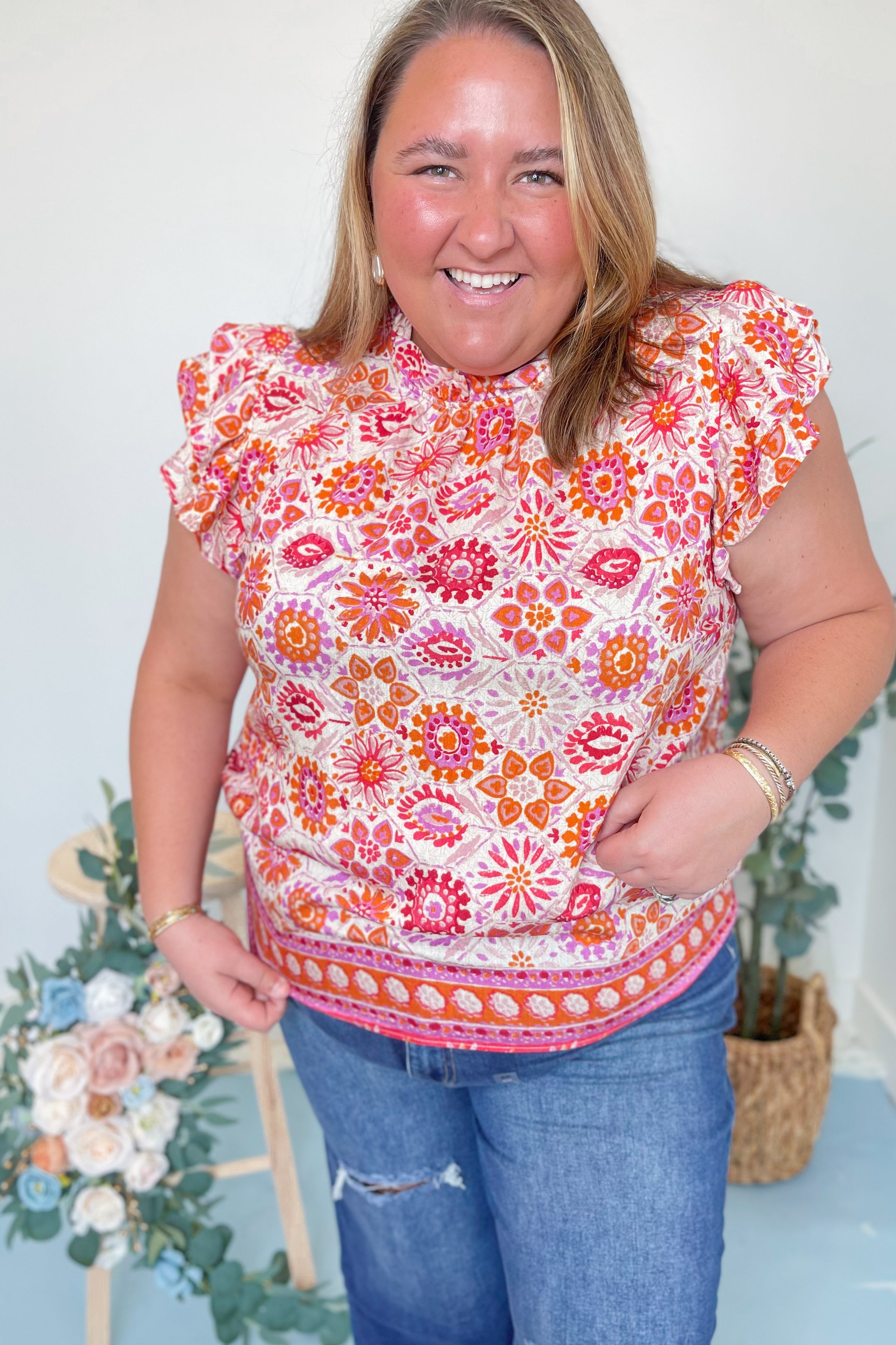 Shanon Floral Printed Ruffle Neck Top - Be You Boutique