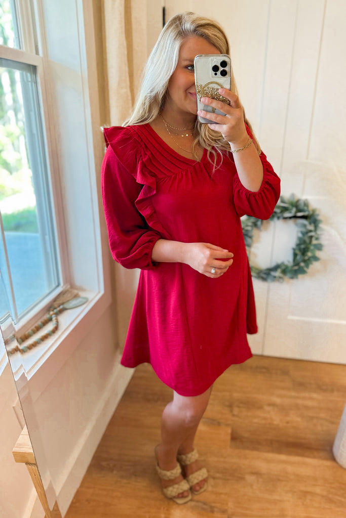 Luca Solid Balloon Long Sleeve Dress with Ruffle Details - Be You Boutique