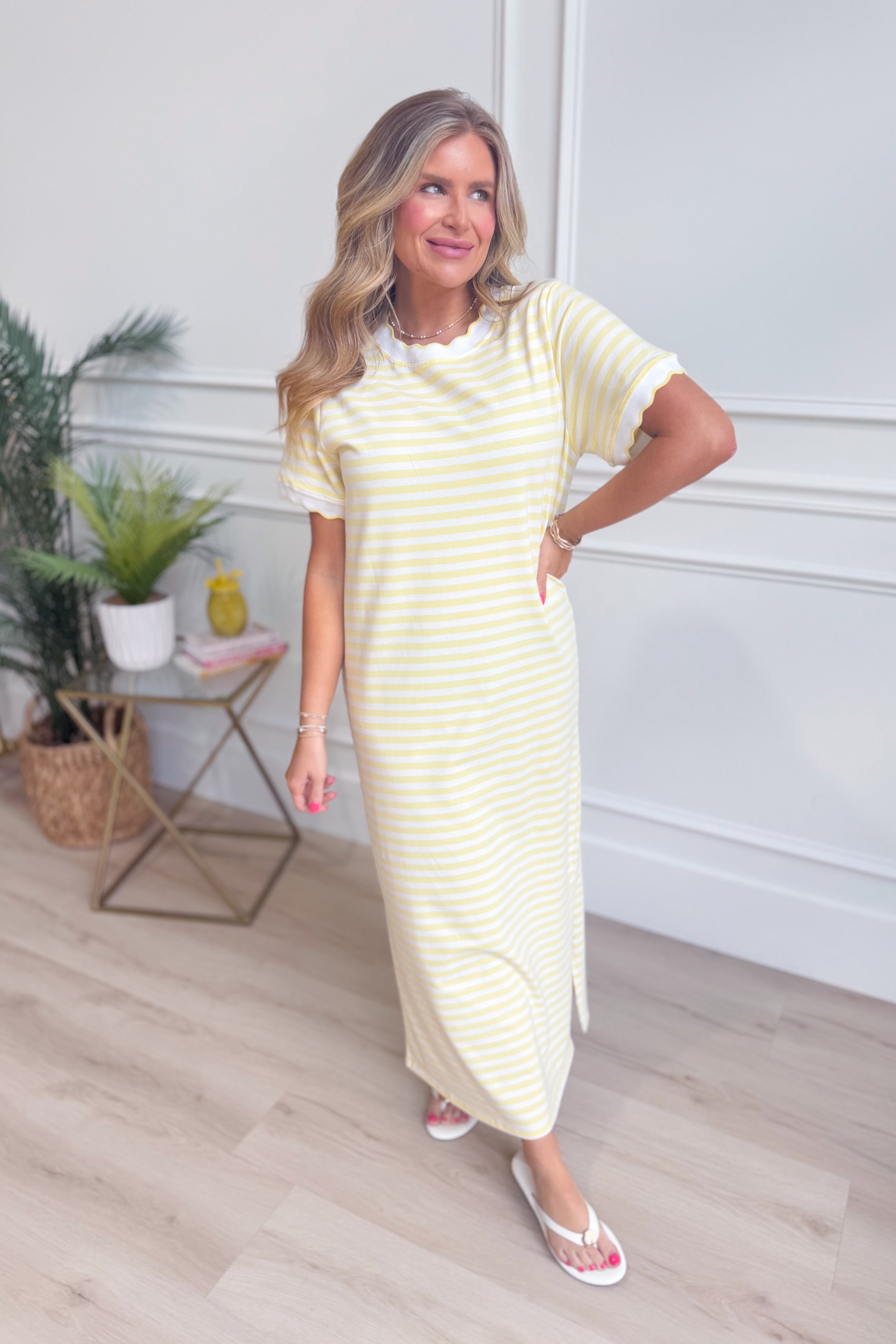 striped short sleeve midi dress Piper Butter Striped Short Sleeve Midi Dress