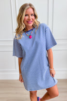Candy blue striped knit T-shirt dress from WISHLIST, featuring a casual fit and soft fabric, perfect for everyday wear.