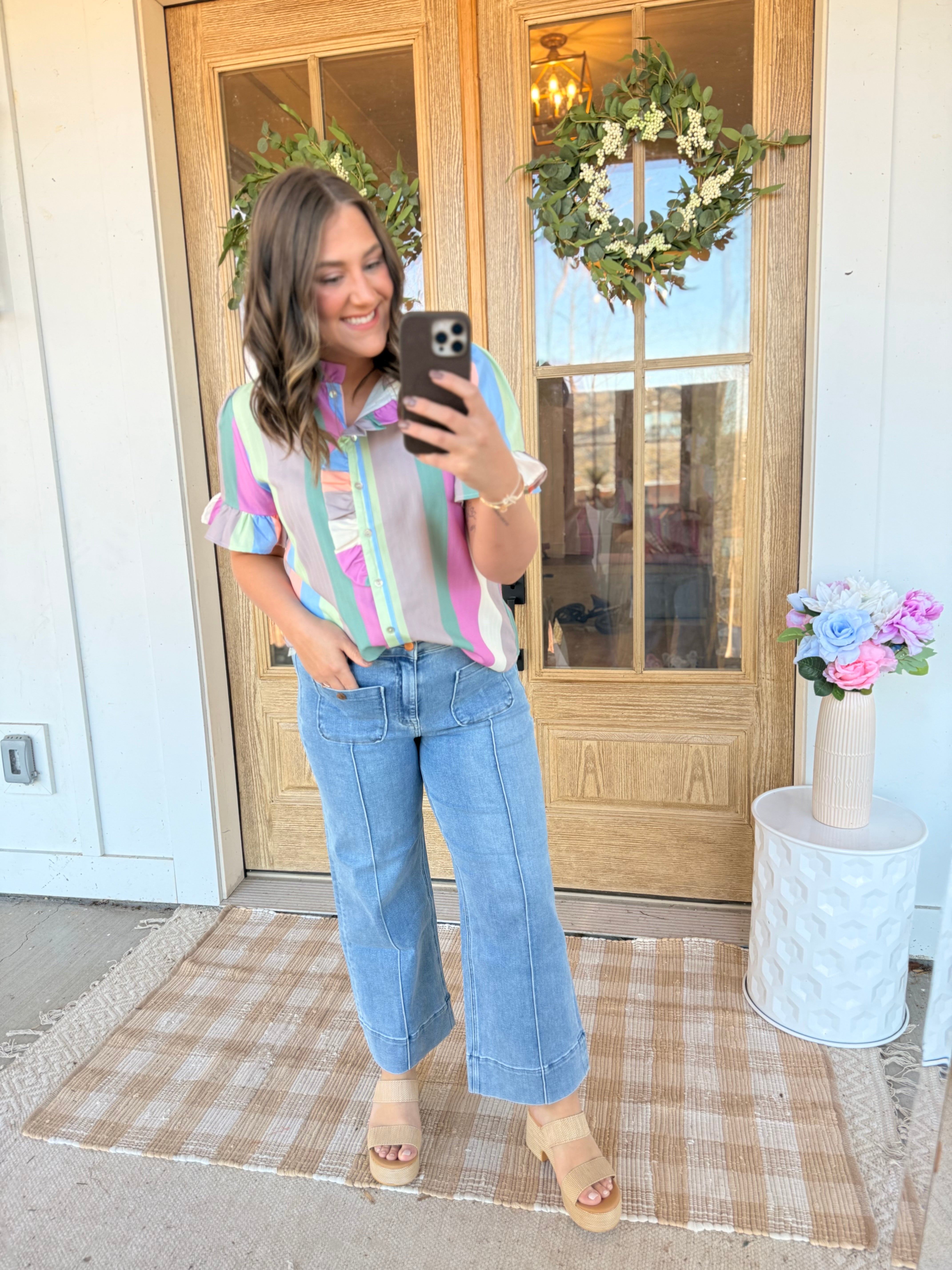 Katrina Striped Ruffle Sleeve Top - Be You Boutique