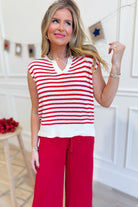 STACCATO Nikki red striped split neck top from 131 Spring Sweaters, featuring a vibrant pattern and stylish neckline.