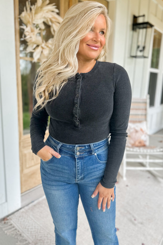 Maddi Mineral Washed Henley Long Sleeve Bodysuit - Be You Boutique