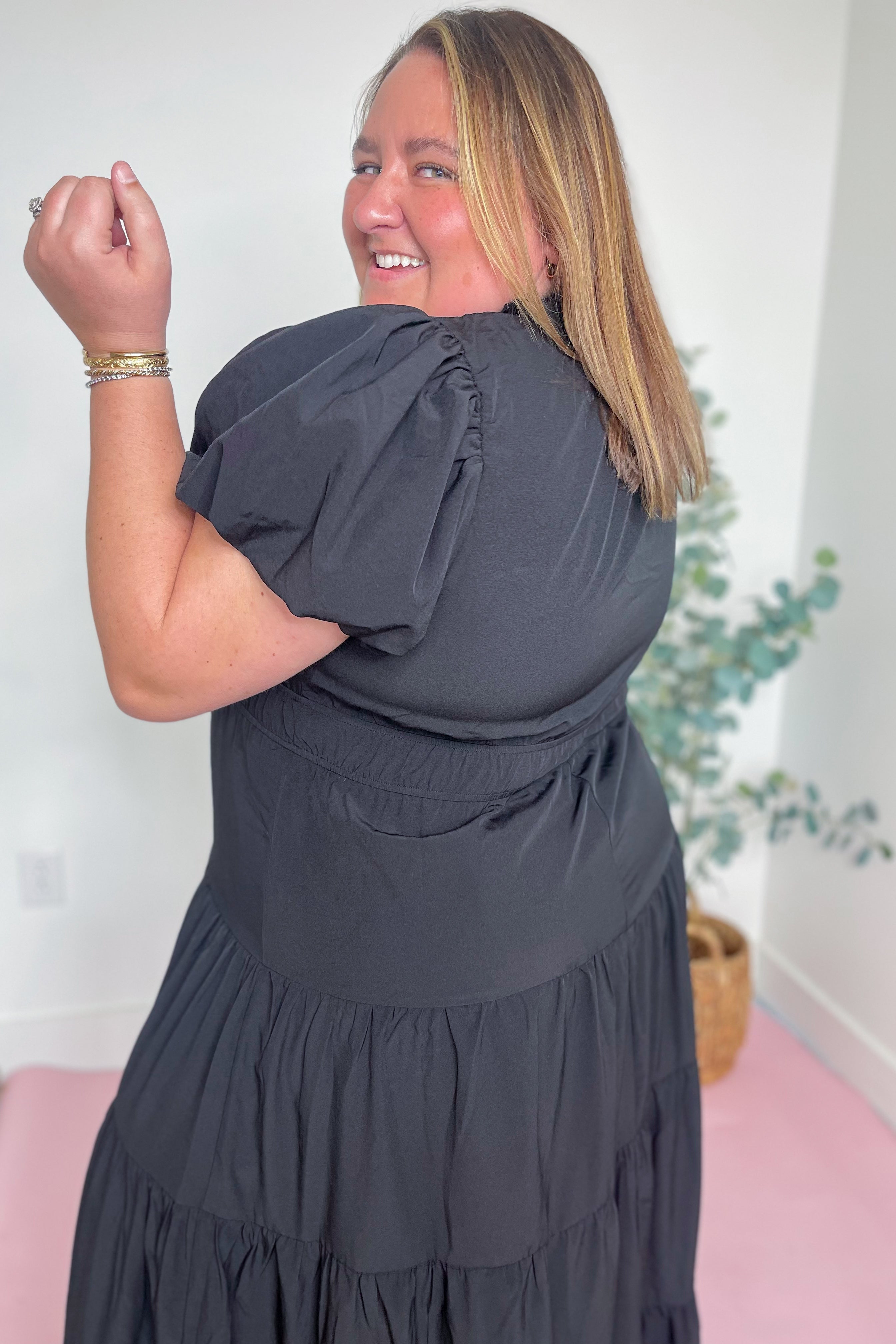 Martina V Neck Bubble Sleeve Tiered Midi Dress - Be You Boutique