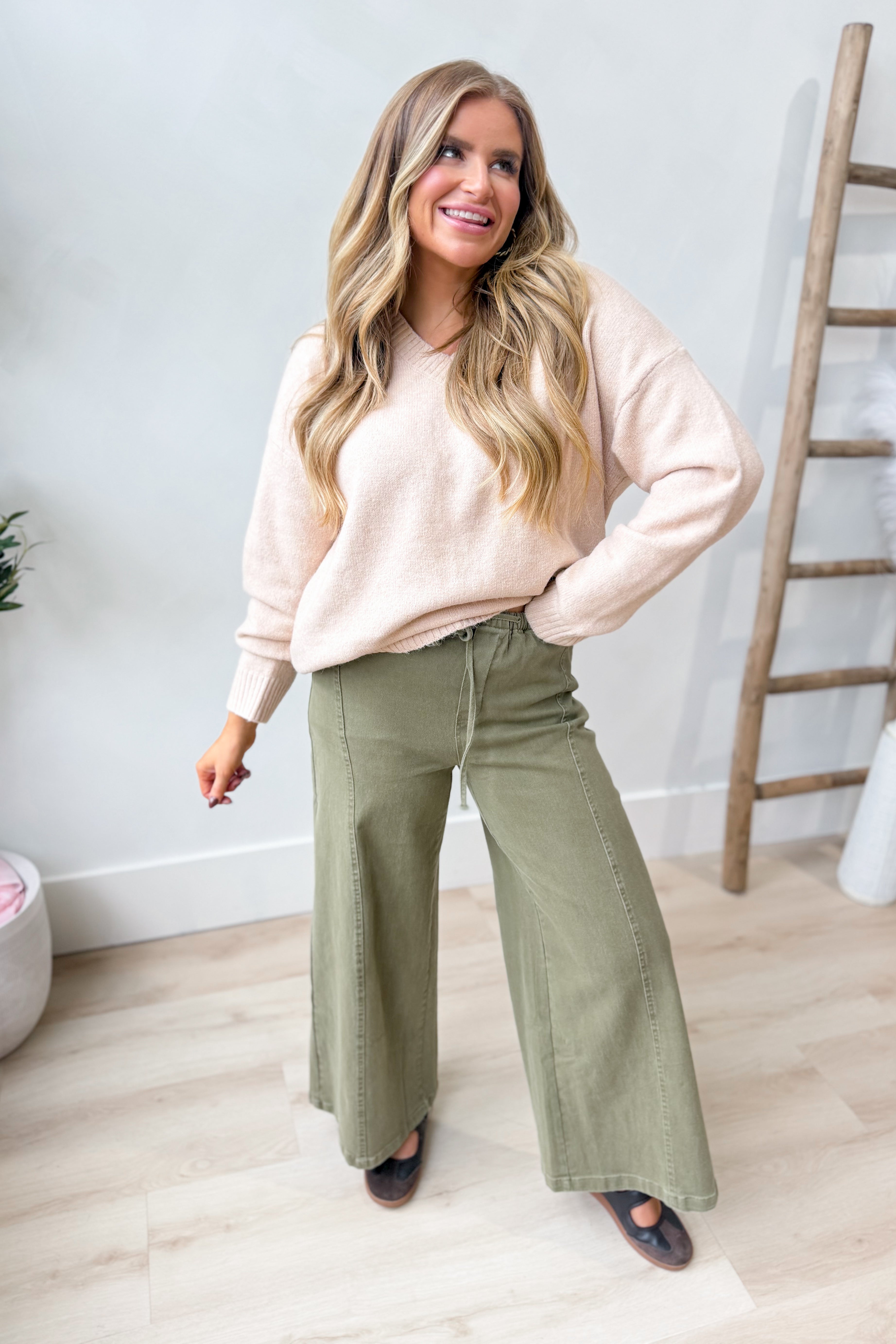 Wishlist Noelle Milk Tea Classic V Neck Sweater from the 132 Fall Sweaters collection, featuring a cozy milk tea-colored knit.