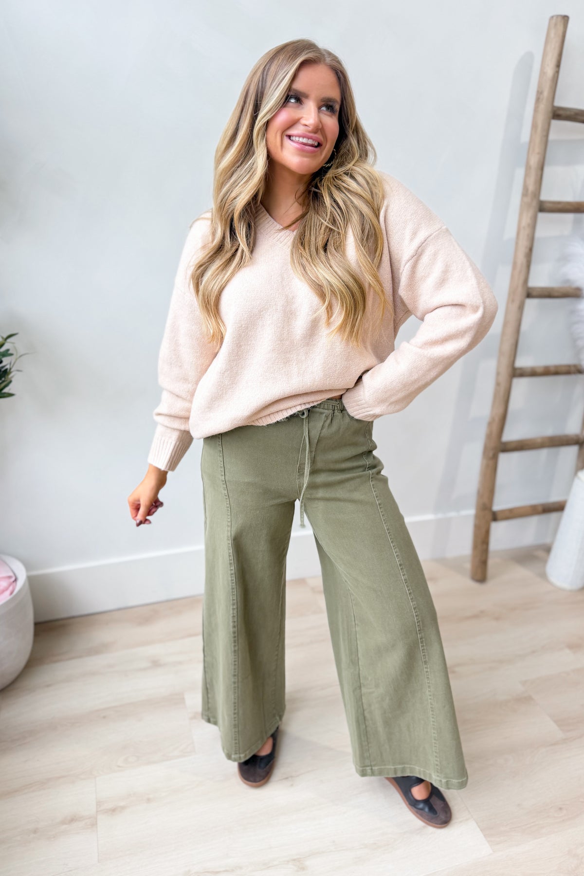 Wishlist Noelle Milk Tea Classic V Neck Sweater from the 132 Fall Sweaters collection, featuring a cozy milk tea-colored knit.