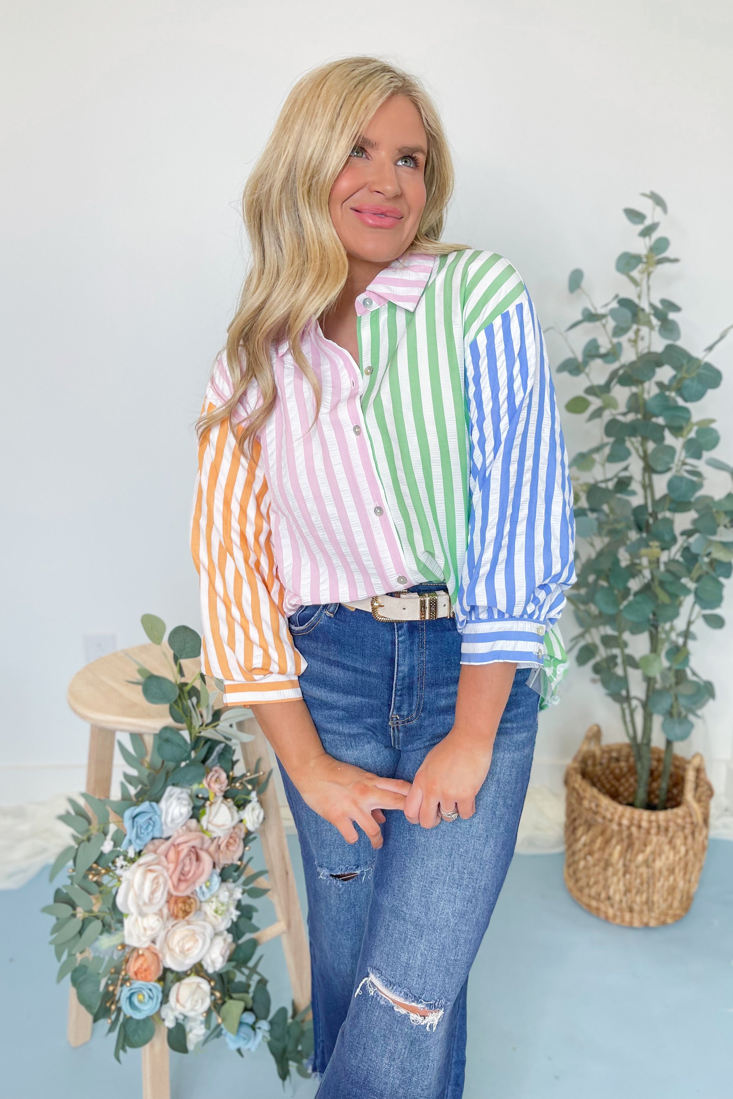 Cheryl Striped Color Block Collared Top - Be You Boutique