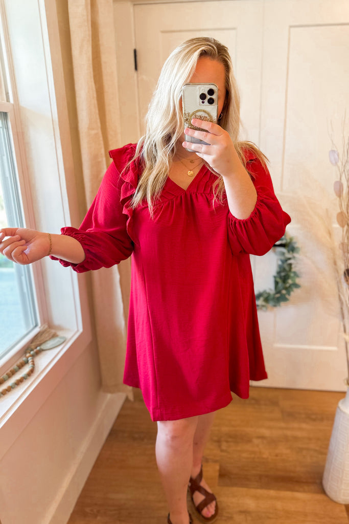 Luca Solid Balloon Long Sleeve Dress with Ruffle Details - Be You Boutique