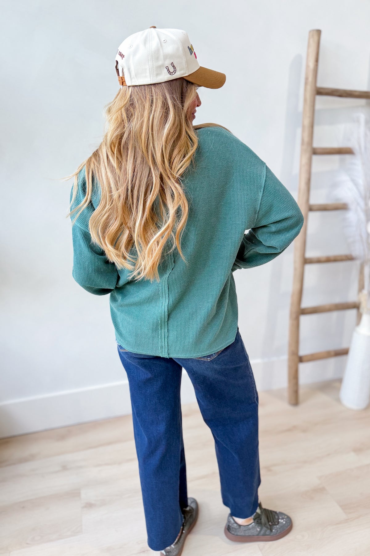 BLU PEPPER Cindy ribbed Henley long sleeve top, casual 105 top with buttoned neckline and fitted ribbed fabric, in a neutral color.