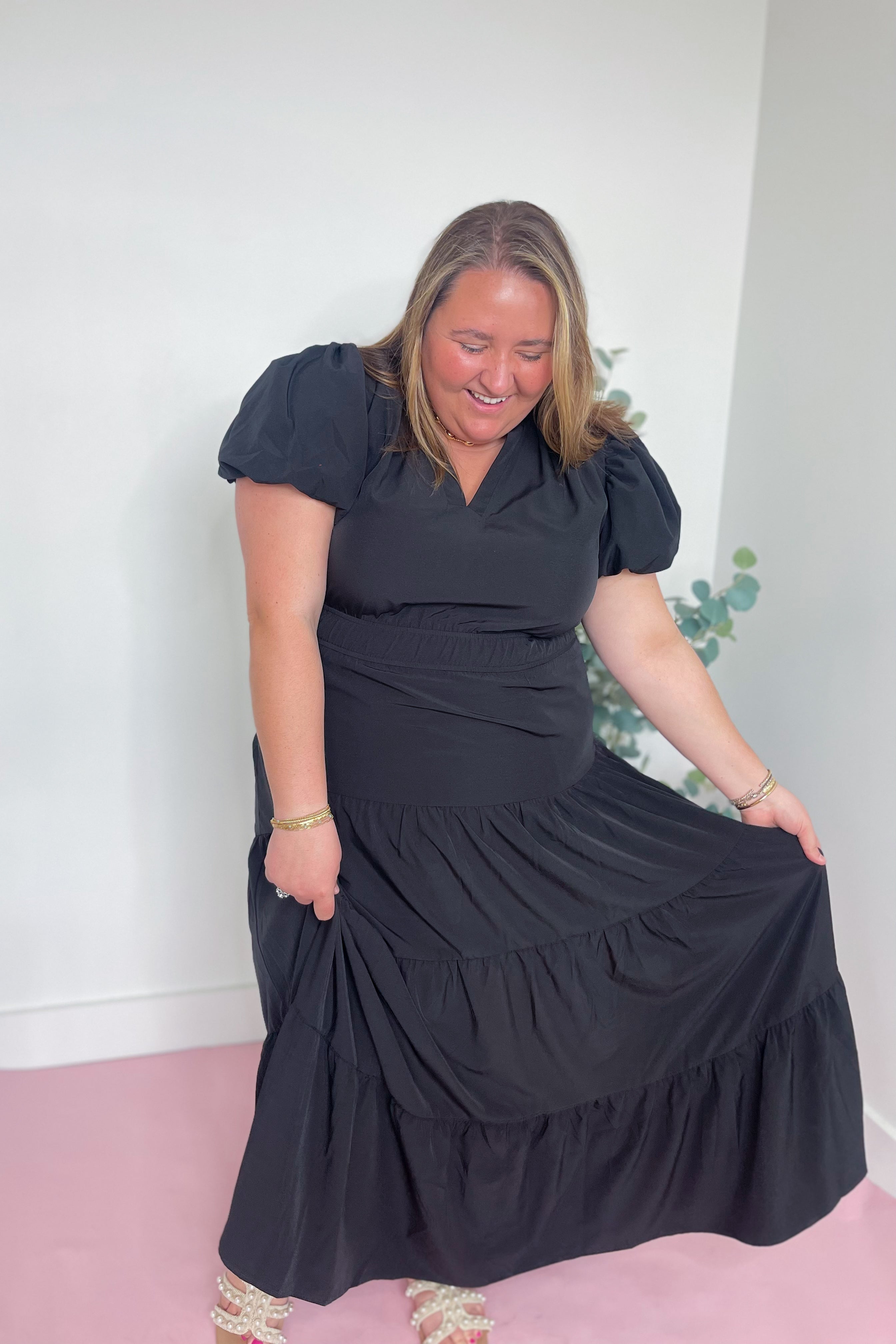 Martina V Neck Bubble Sleeve Tiered Midi Dress - Be You Boutique