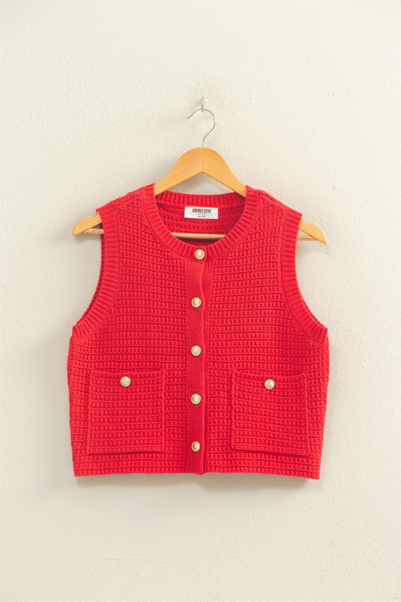 HYFVE Karigan knitted sleeveless vest, a stylish dressy top with a textured knit design and sleeveless fit, perfect for layered looks.