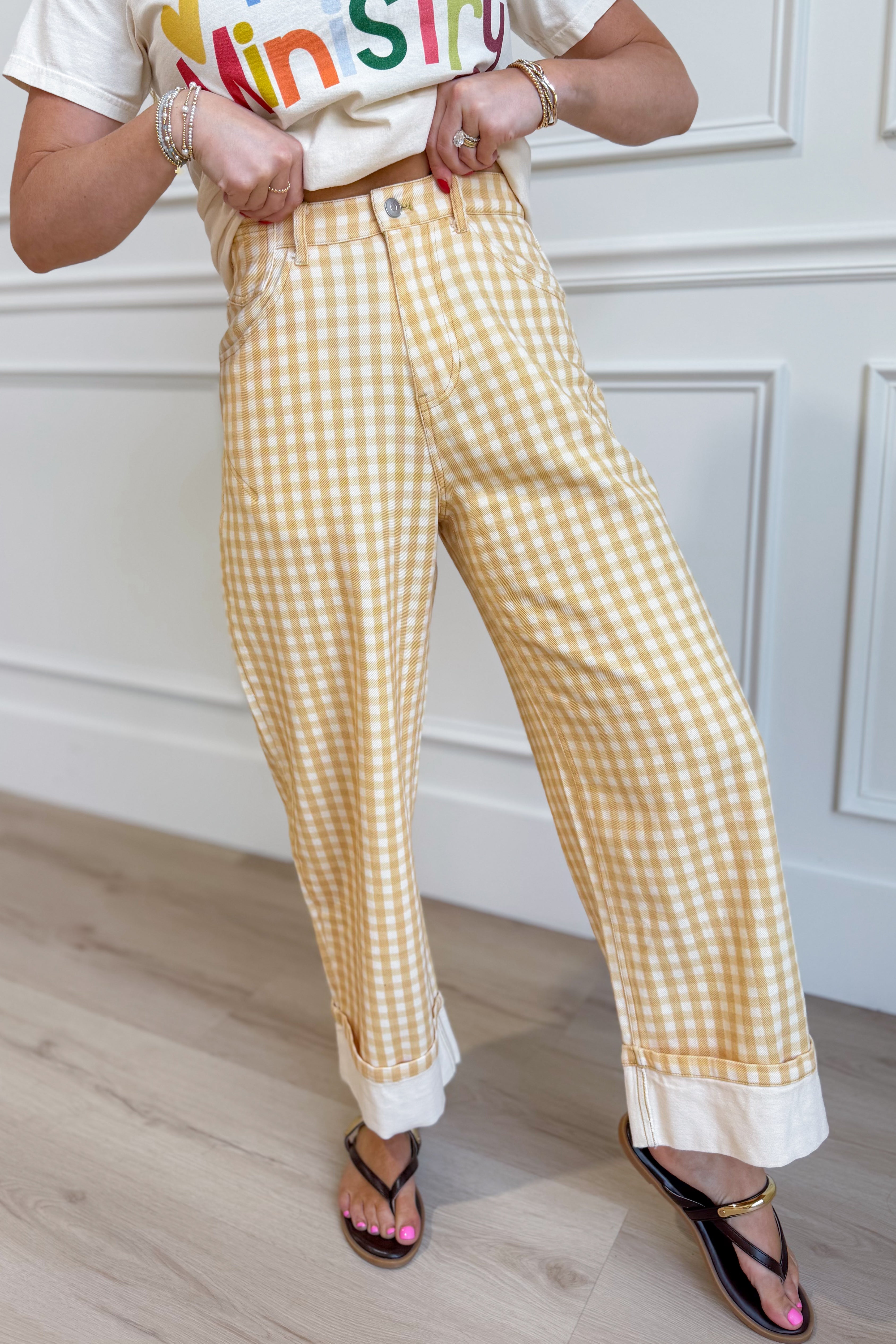 Luis Lt Yellow Gingham Rolled Hem Barrel Pant from PEACH LOVE, 147 Novelty Jeans, featuring yellow gingham fabric and rolled hems.