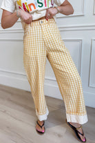 Luis Lt Yellow Gingham Rolled Hem Barrel Pant from PEACH LOVE, 147 Novelty Jeans, featuring yellow gingham fabric and rolled hems.