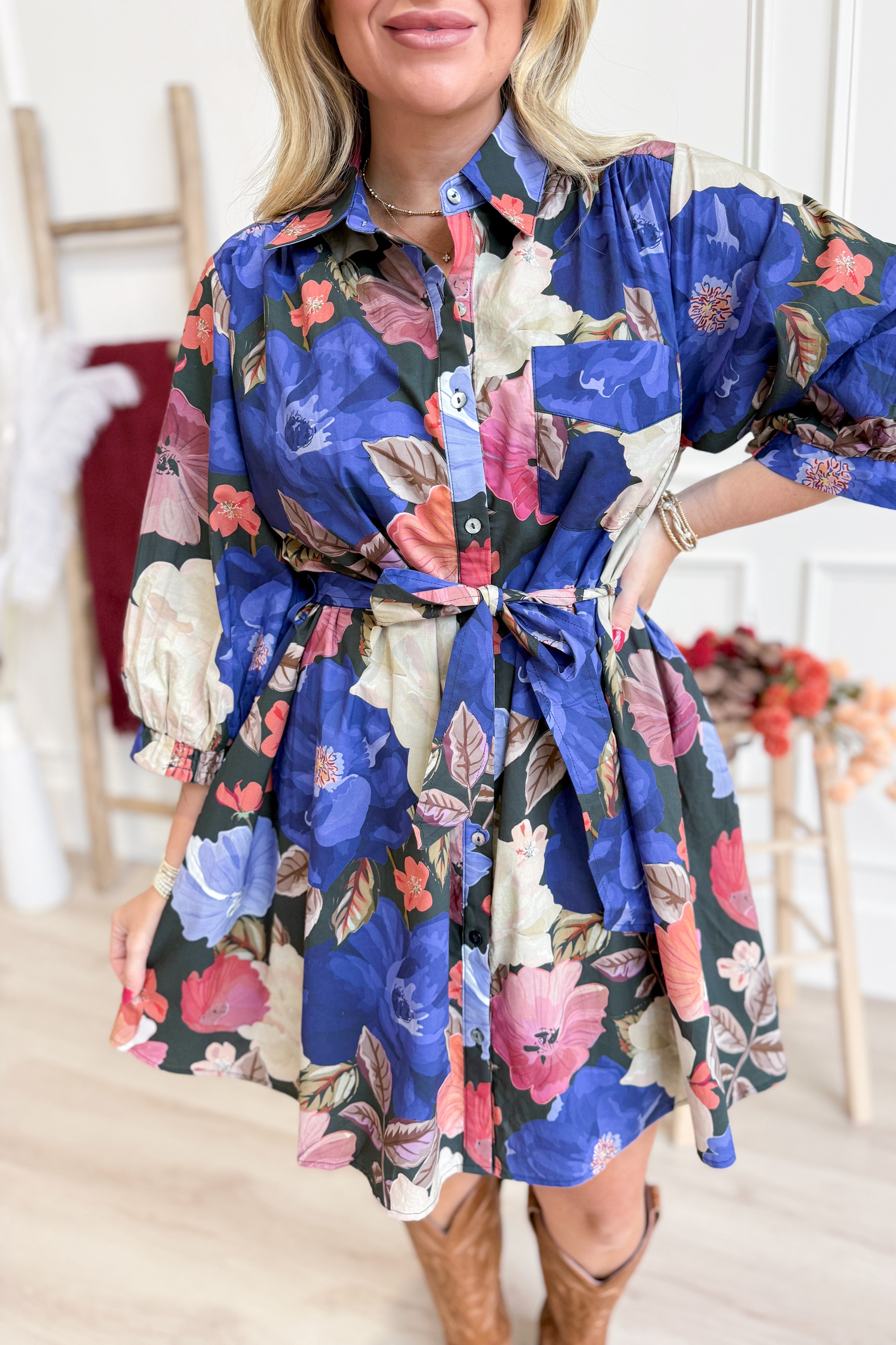 Cynthia Tie Waisted Floral Dress - Be You Boutique