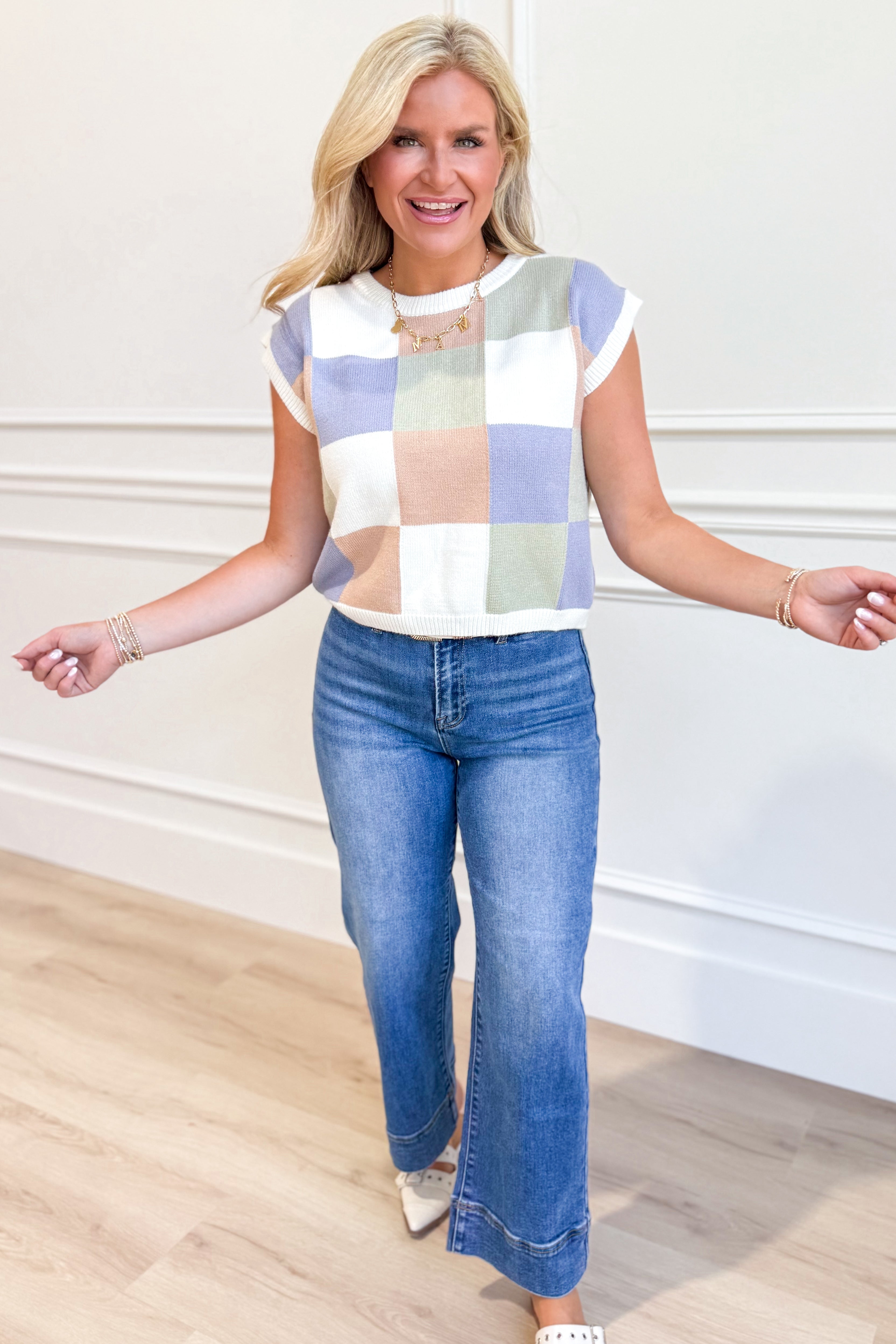 Beth Checkered Sleeveless Sweater Top - Be You Boutique