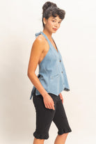 HYFVE Sophie Denim Halter Back Top from the 110 Dressy Tops collection, featuring a stylish denim design and halter back detail.