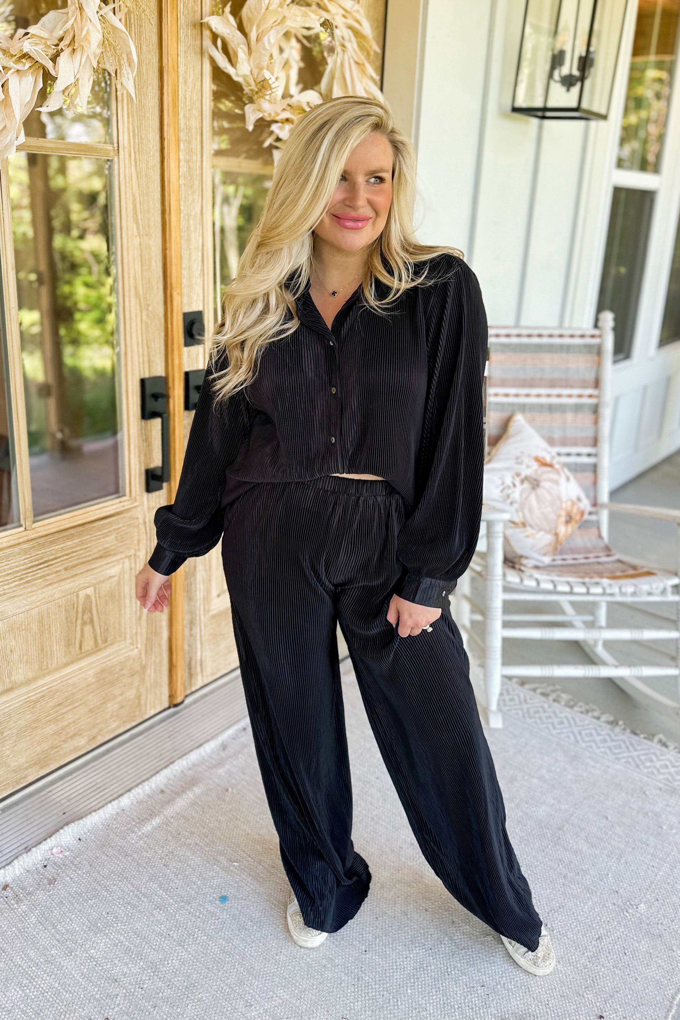 Dominic Plisse Long Sleeve Blouse and Bottom Set - Be You Boutique