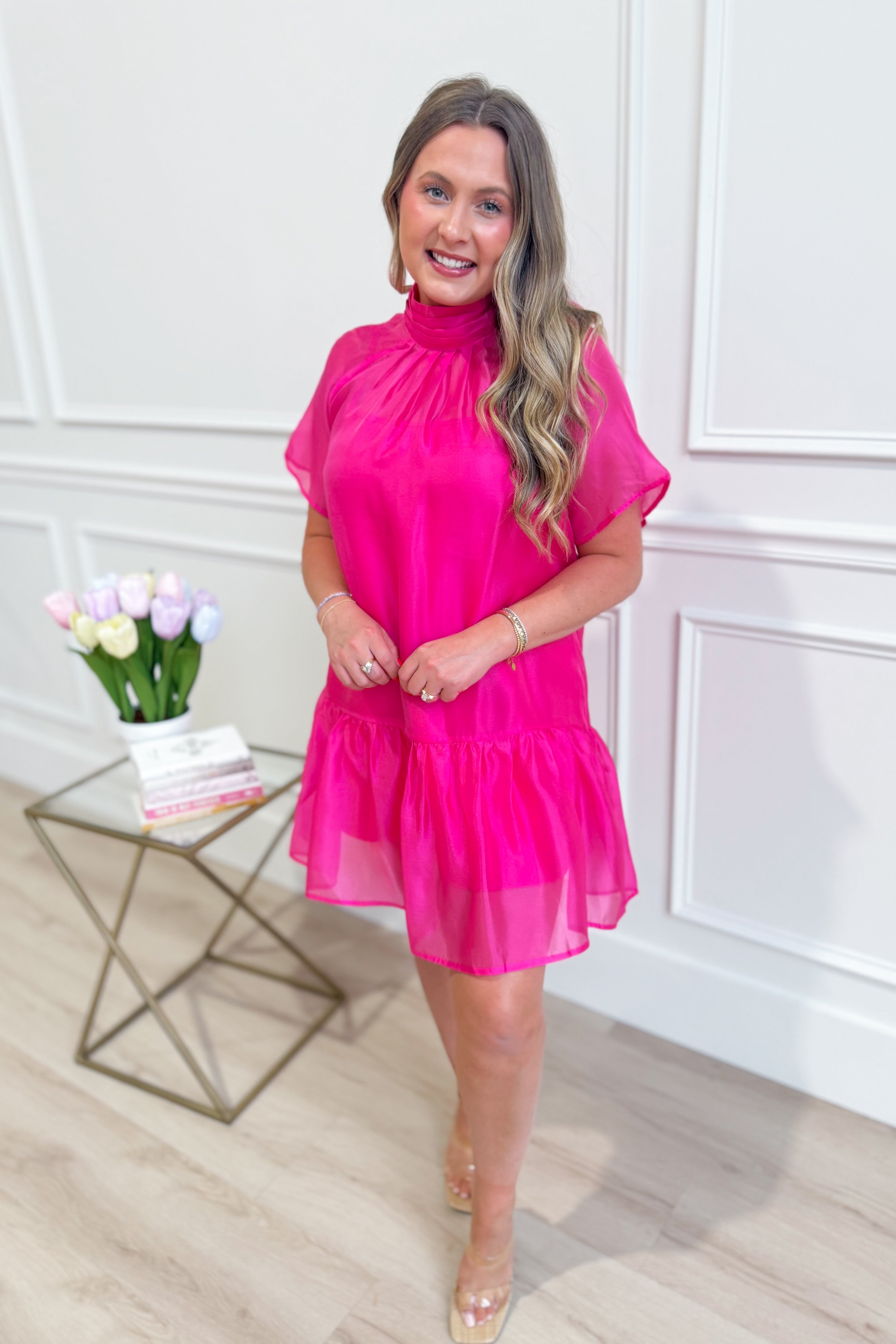 ENTRO Kim Hot Pink Flutter Sleeve Mock Neck Dress, elegant dress with flutter sleeves and mock neckline for formal occasions.