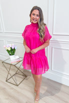 ENTRO Kim Hot Pink Flutter Sleeve Mock Neck Dress, elegant dress with flutter sleeves and mock neckline for formal occasions.
